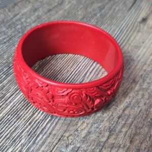 Vintage Red Cinnabar Carved Phoenix And Dragon Bangle Bracelet
